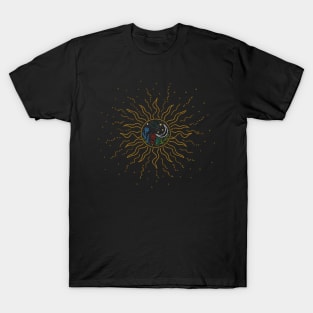 Sun with flowers, moon, planet, stars inside T-Shirt